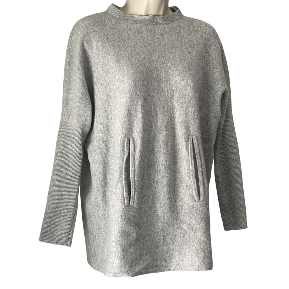 Garnet Hill Wool Cashmere Tunic Sweater Gray M Crew Neck Pockets Relaxed Fit